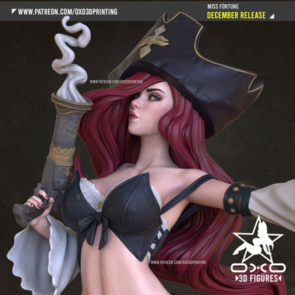 Close-up of Miss Fortune's face, highlighting her detailed pirate hat, pistols, and flowing red hair.