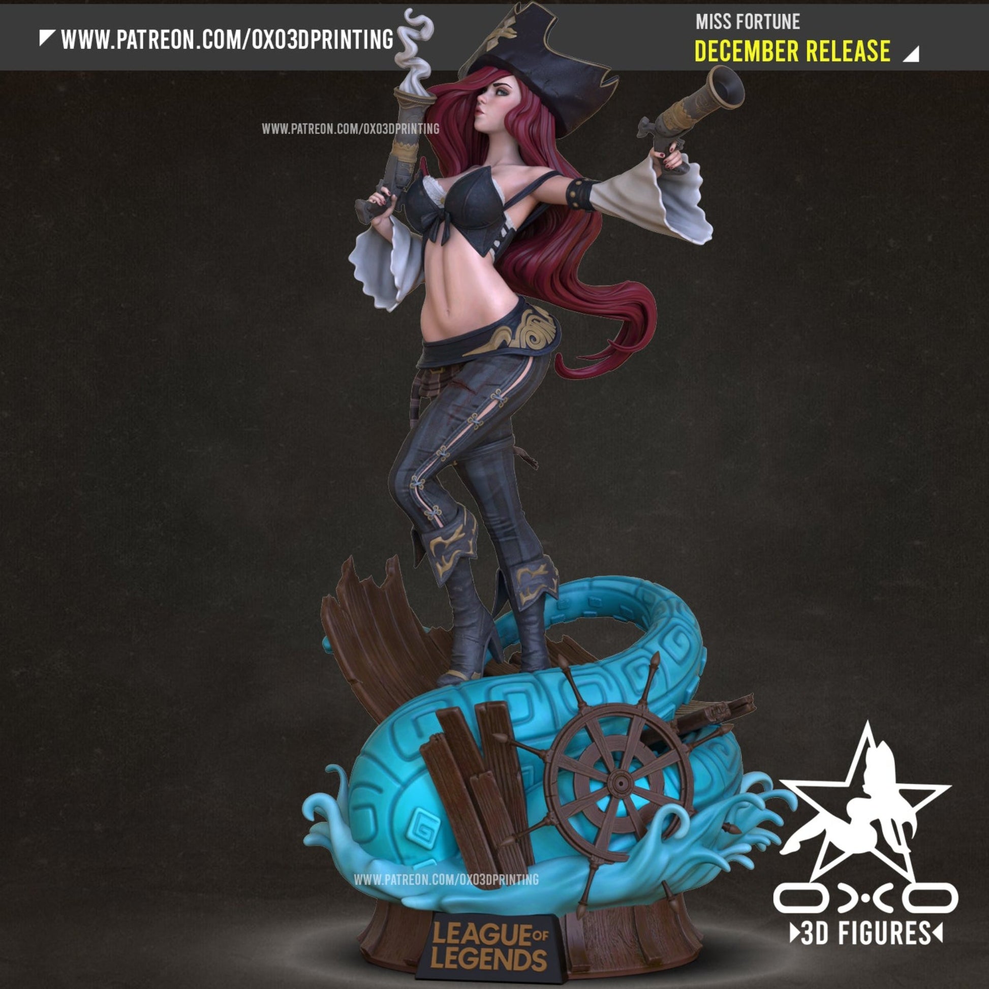 Full view of Miss Fortune's collectible figurine in pirate-themed attire on a detailed nautical base.