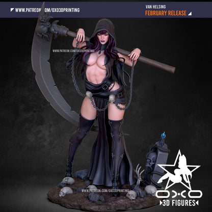 3D printed figure of Van Helsing in dark gothic attire, holding a large scythe, with skulls and candles on the base.