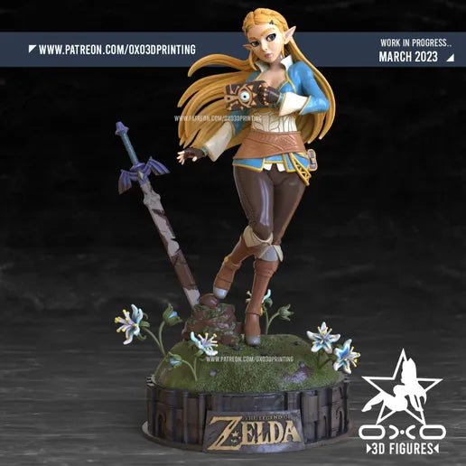 Zelda from The Legend of Zelda series, near the master sword, standing on a scenic base with flowers.