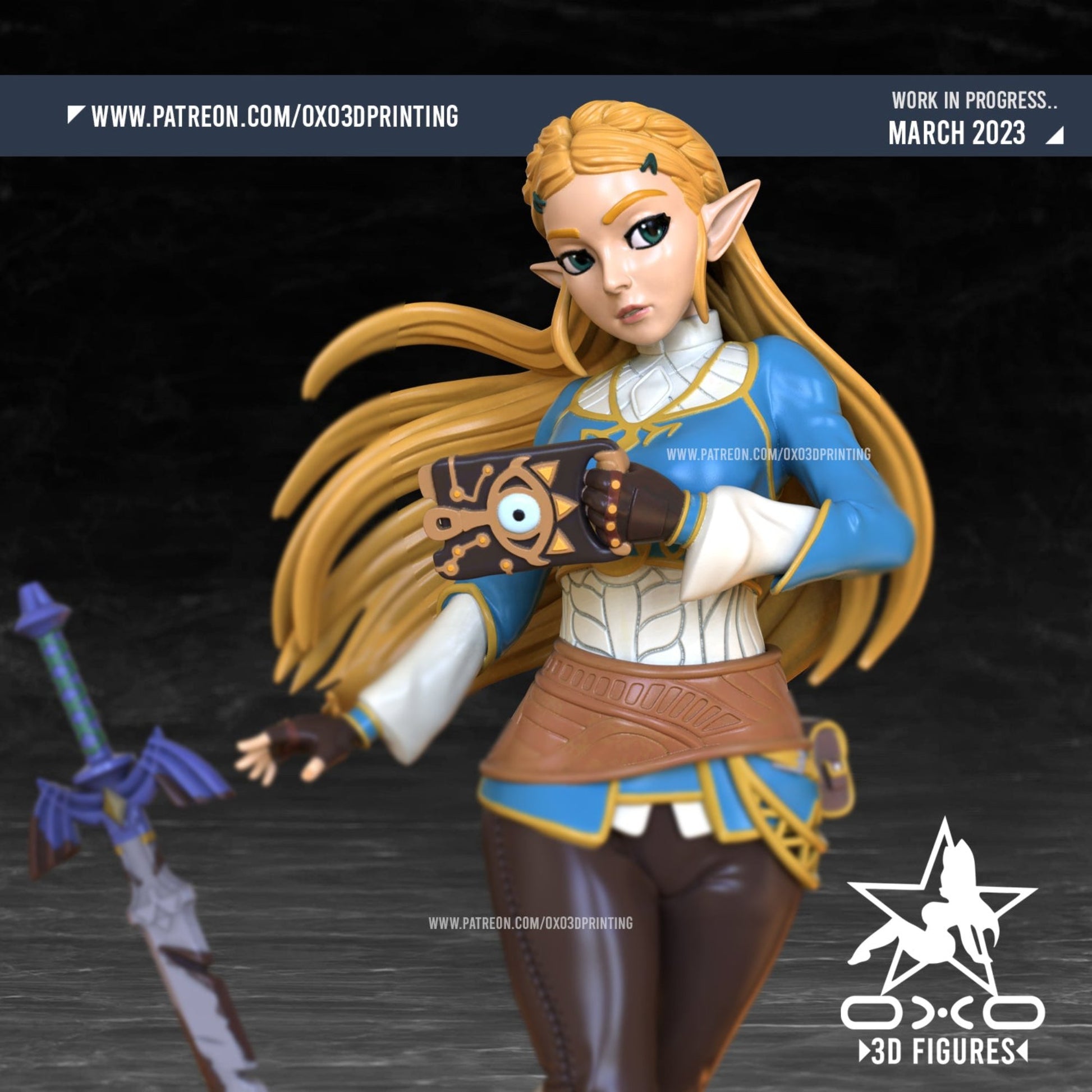 A close-up of the Zelda figurine, highlighting her detailed facial expression, attire, and the Master Sword handle.