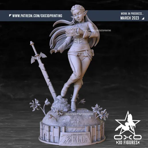 A grayscale work-in-progress figurine of Zelda, showcasing intricate details of her stance and base with flowers and the Master Sword.