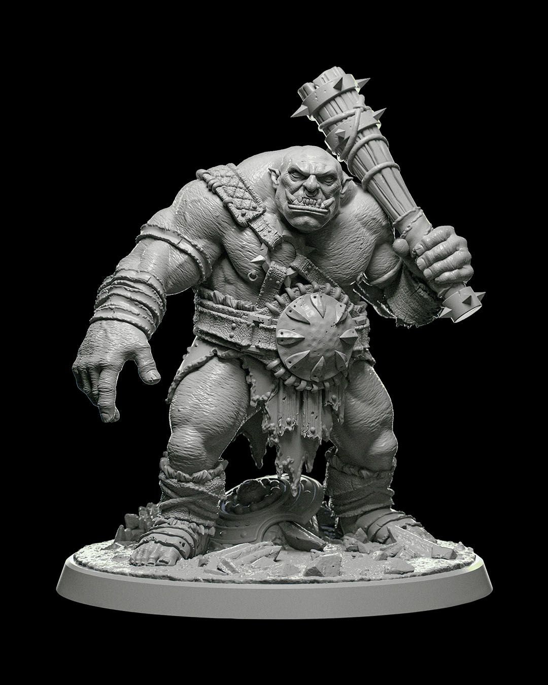 Ogre Gladiator miniature, a powerful ogre figure in armor with a muscular build, holding a large weapon in a combat-ready stance, ideal for fantasy tabletop RPGs.