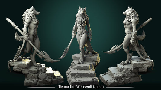 Oleana the Werewolf Queen figurine shown in three poses on stone stair base, wielding a long halberd – fantasy werewolf warrior female miniature.
