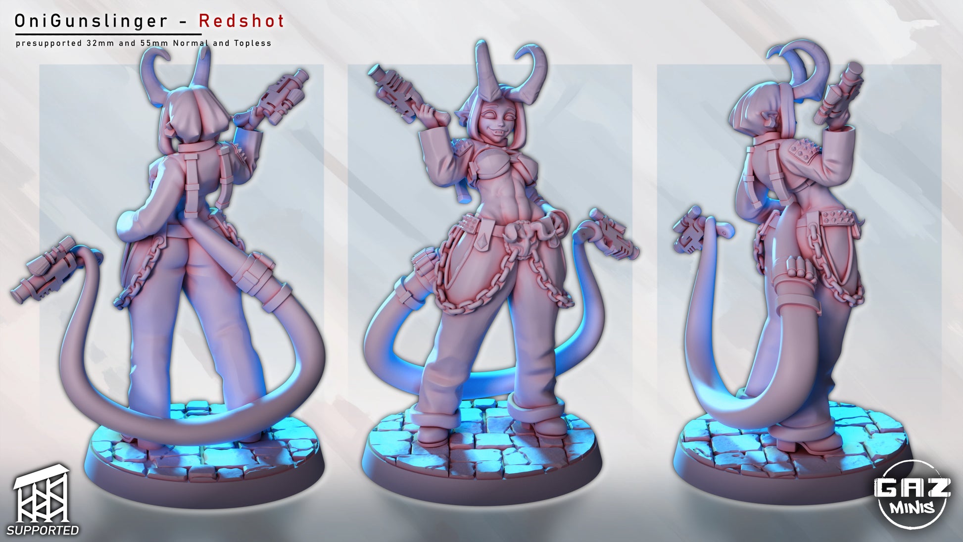 Rotating preview of Oni Gunslinger Redshot in SFW version, displayed from rear, front, and side angles with dynamic lighting.