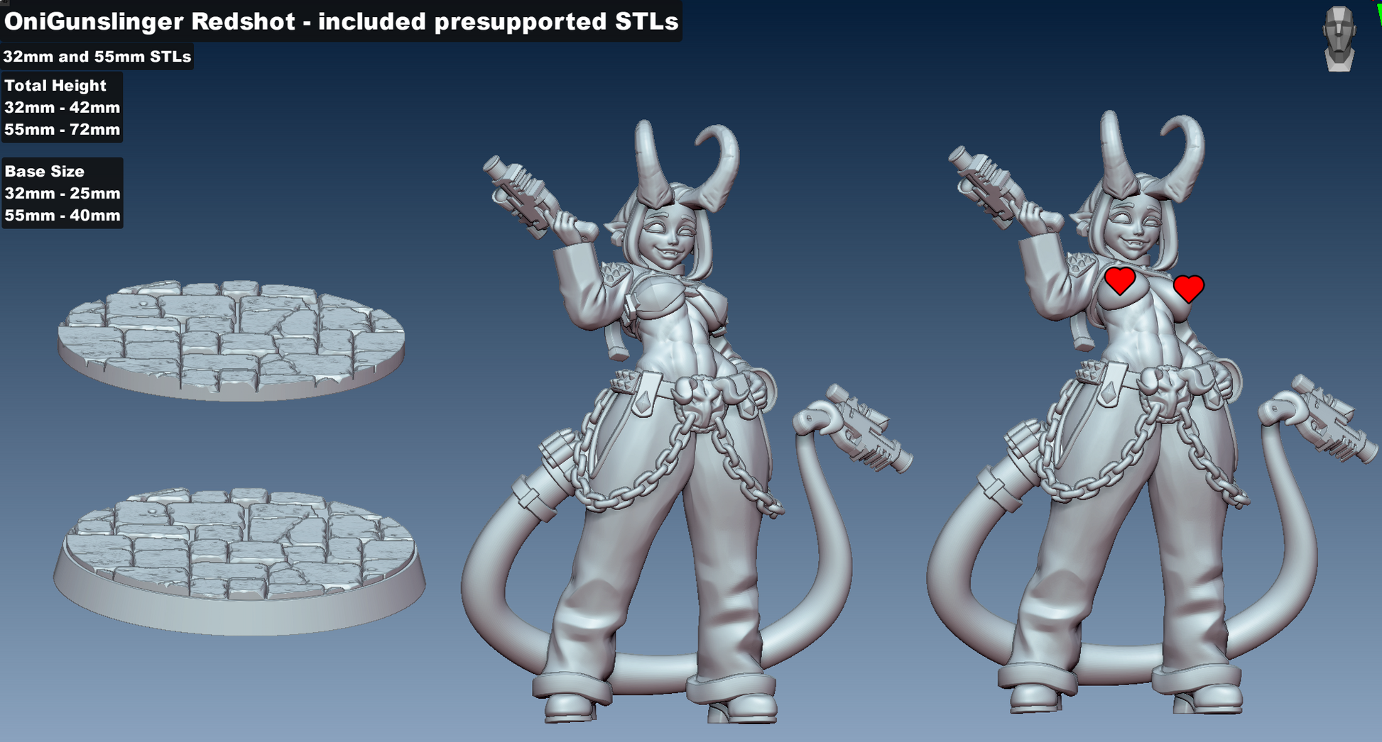 STL renders of Oni Gunslinger Redshot in both SFW and topless NSFW formats, dual pistols raised and tail curved, shown with 25mm and 40mm bases.