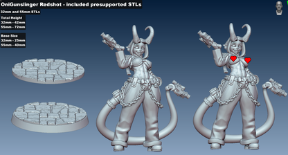 STL renders of Oni Gunslinger Redshot in both SFW and topless NSFW formats, dual pistols raised and tail curved, shown with 25mm and 40mm bases.
