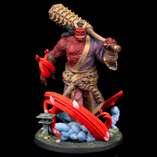 Oni Zukaikotu Wa painted miniature showing red-skinned oni warrior wielding a massive spiked club with swirling energy effects and temple ruins base.