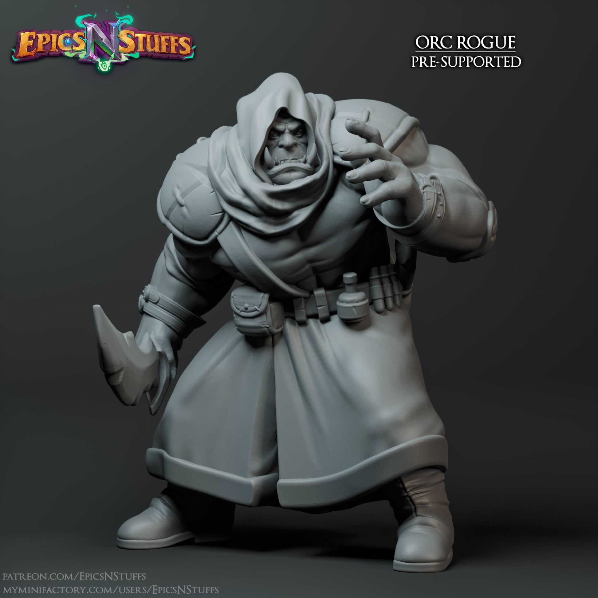 Orc Rogue figurine with hooded cloak and dagger, prepared for battle in fantasy RPGs.