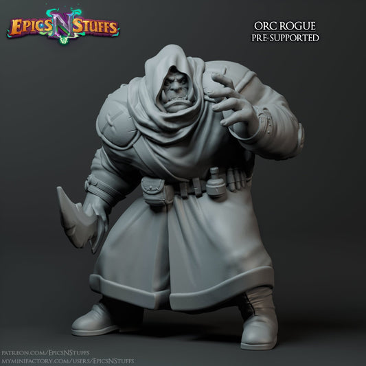 Orc Rogue figurine in a hooded cloak, gripping a dagger and ready for action, ideal for tabletop RPGs like Pathfinder