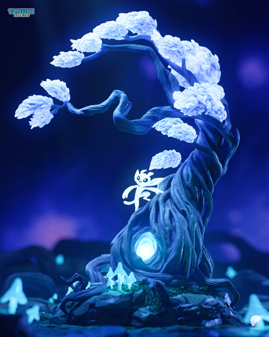Ori and the Blind Forest figure with glowing Spirit Tree and mushrooms