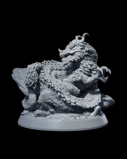 Full view of an Oriental Dragon miniature with coiled body, sharp claws, and intricate detailing, designed for tabletop games like D&D or Pathfinder.