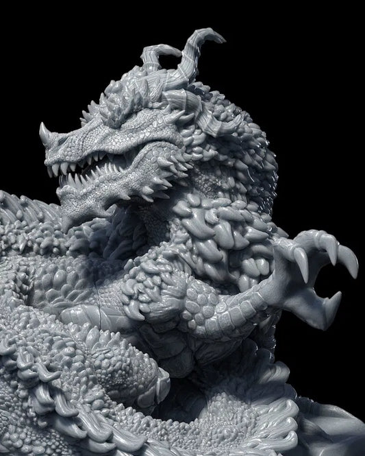 Close-up of an Oriental Dragon miniature with detailed scales and curled tail.