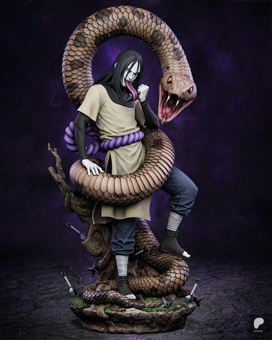 Orochimaru 1:6 scale collectible figure from Naruto, wrapped by a massive serpent, standing on a detailed base with kunai and roots.