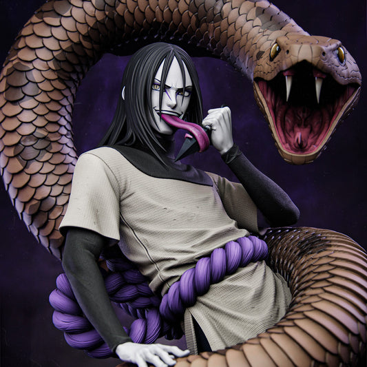Orochimaru collectible figure close-up showcasing menacing expression, extended tongue, and serpent companion.
