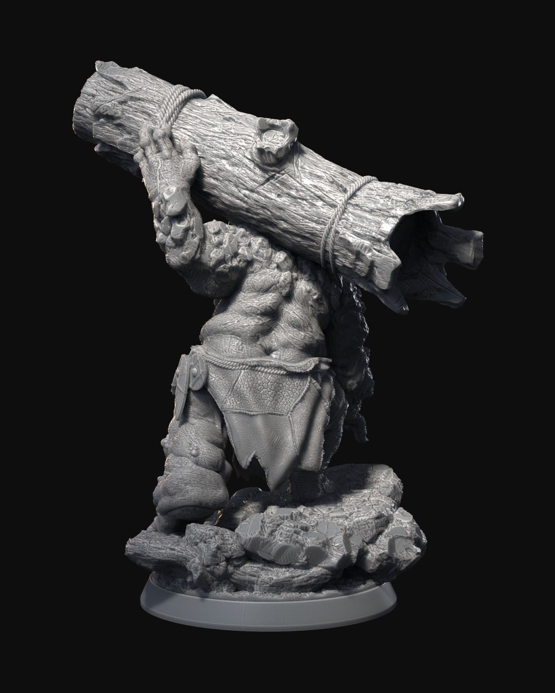 Rear angle of Orthos the Troll miniature, highlighting the rough texture and details of his back and the massive log slung over his shoulder.