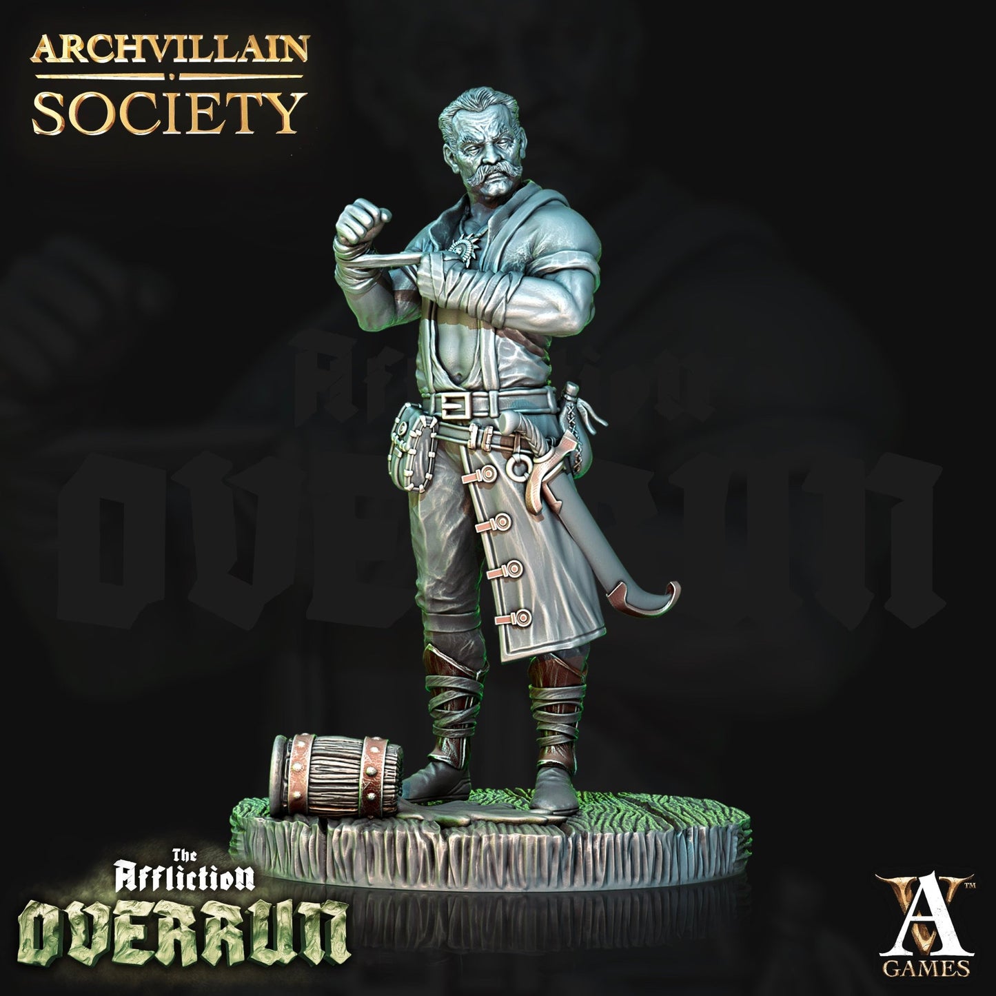 Owein Maddocks miniature from Archvillain Games, standing confidently while wrapping his hands and wrists, preparing for a fight, with a belt of weapons and a sturdy stance.