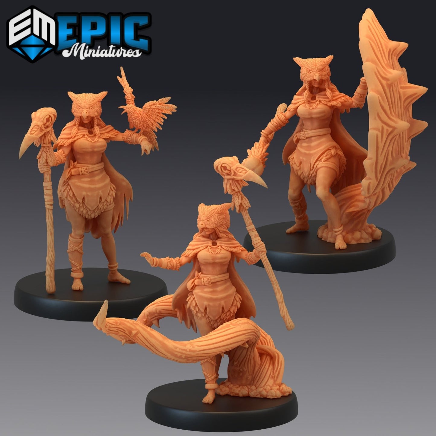 Collage of three Owlbear Druid figurines, depicting different poses including standing, casting nature magic, and using defense magic.