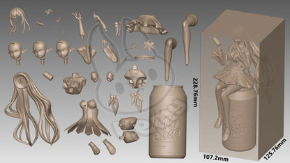 IRyS Hololive figure 1:7 scale parts layout showing head options, hair pieces, arms, torso, skirt, accessories, legs, and soda can base for assembly; anime virtual idol collectible figure components arranged for reference.