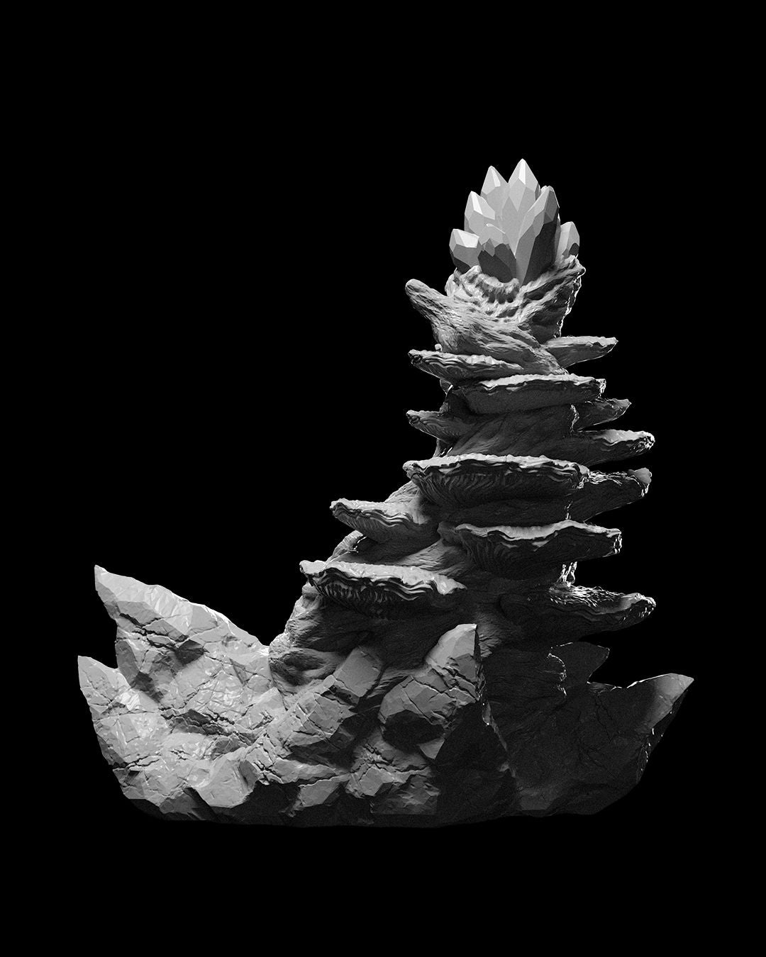 Spiraling rock formation capped with crystals, ready to topple over and smash your party’s dreams.