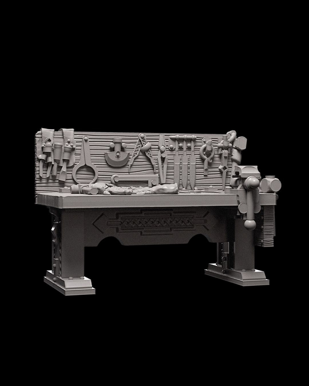 A dwarven workbench overloaded with tools, because a blacksmith without gear is just a glorified metal enthusiast. Perfect for crafting scenes in your next dungeon delve.