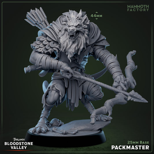 Gnoll Packmaster miniature armed with bow and spear, snarling face with fangs, quiver of arrows on back, armored shoulders, 25mm base, posed in aggressive stance for Dungeons & Dragons and Pathfinder.