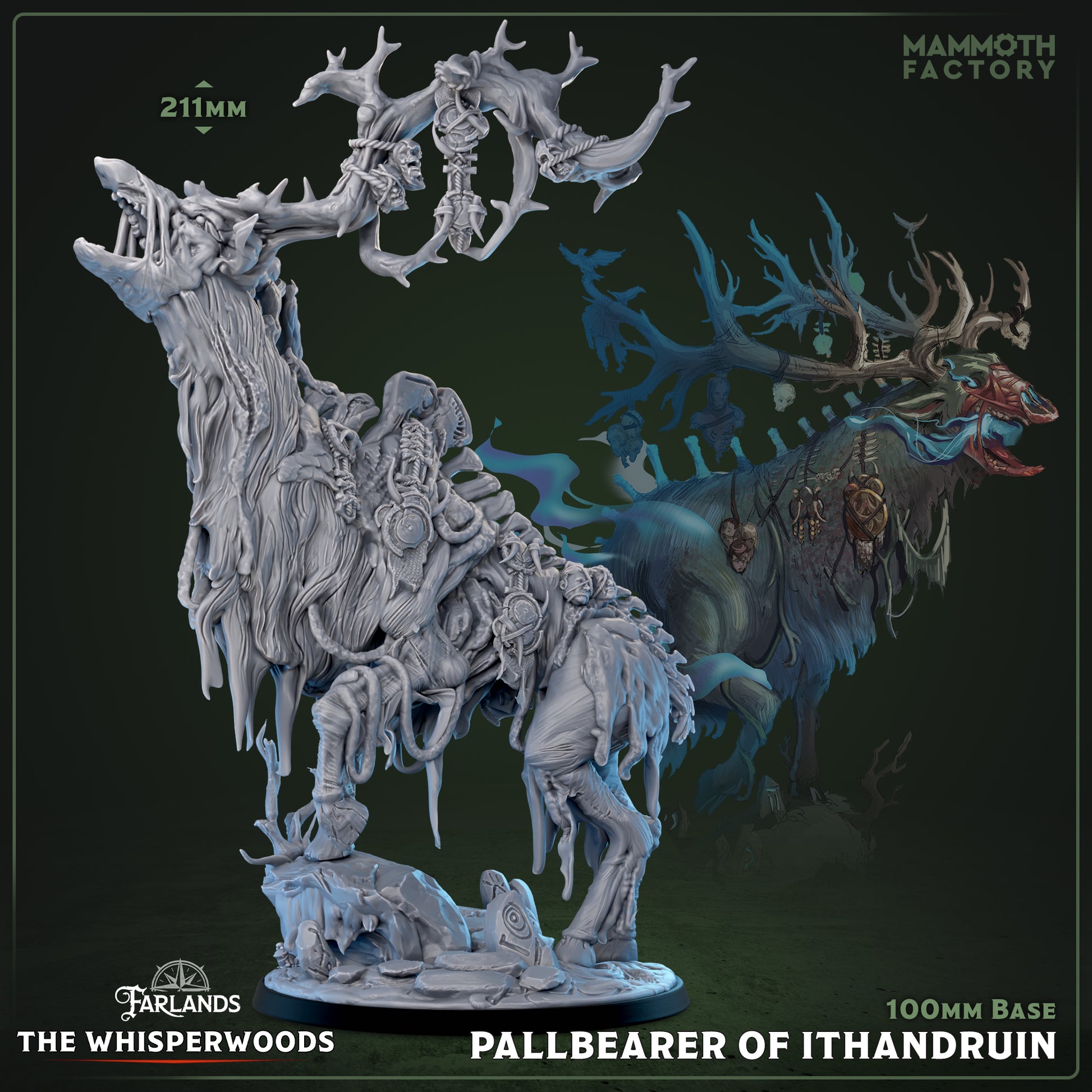 Full render front view – Pallbearer of Ithandruin miniature, massive stag-like forest spirit with skeletal antlers and draped trophies.