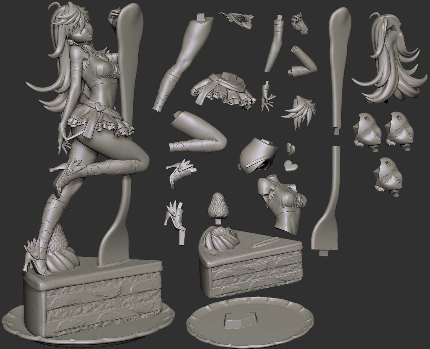Exploded parts view of Anarchy Panty figure with modular arms, faces, hair, and accessories – Panty and Stocking with Garterbelt 1:7 scale collectible