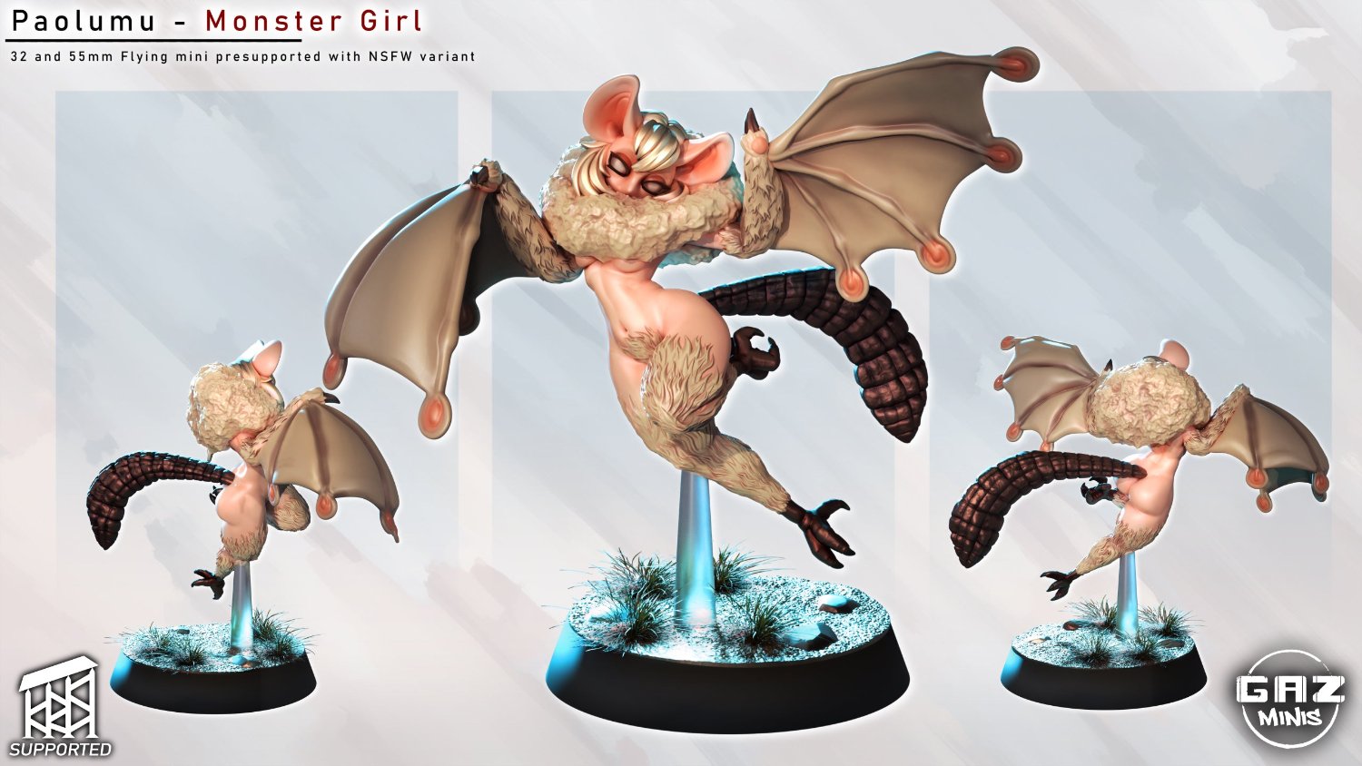 Paolumu figurine shown in various angles, highlighting her detailed fur, bat wings, and mischievous tail, with a grassy terrain base.