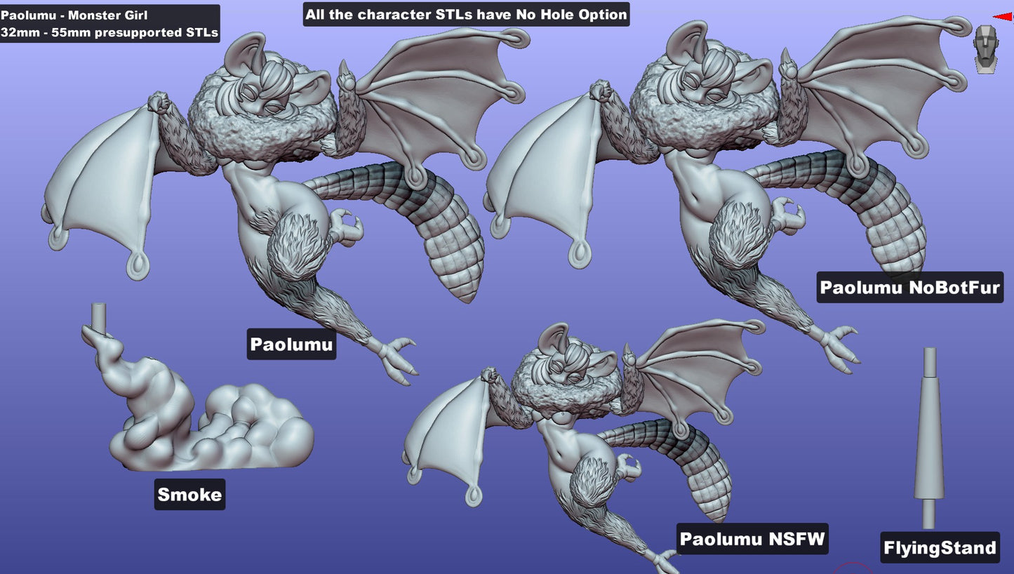 Rendered model of Paolumu Monster Girl showcasing assembly options, including fur variations, NSFW design, and a flying stand.