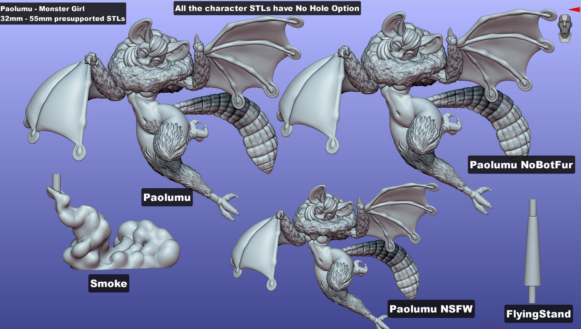 Rendered model of Paolumu Monster Girl showcasing assembly options, including fur variations, NSFW design, and a flying stand.