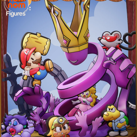 Chibi Paper Mario collectible figure fully painted reference showing Mario, Peach, Wario, and other characters surrounding the crown monster on a stage diorama.
