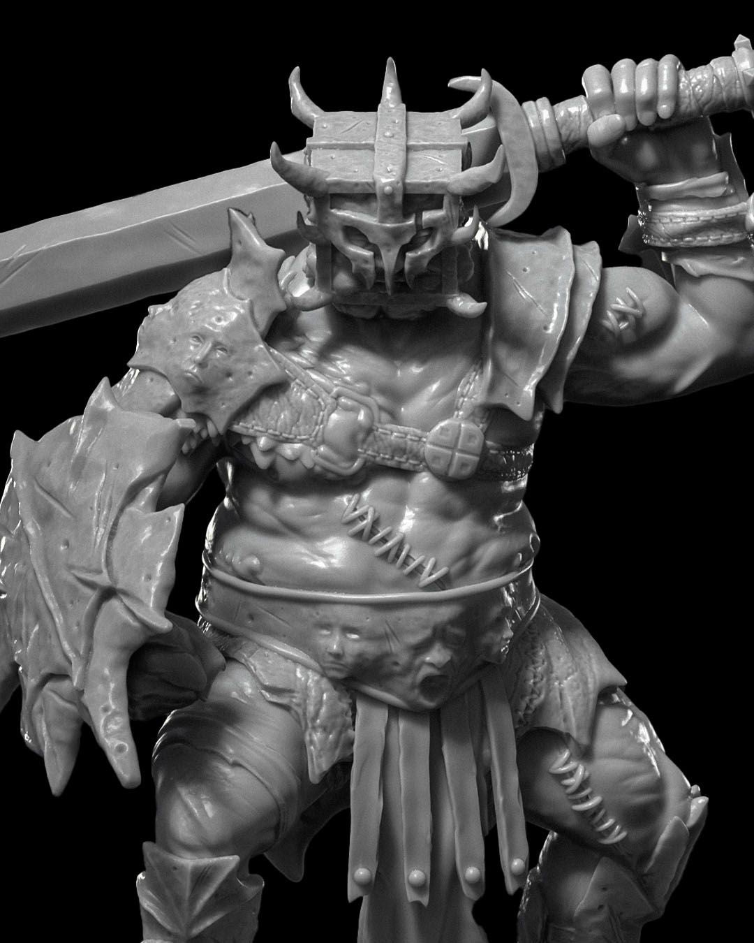 A heavily armored warrior known as Parmularius, standing ready with a massive sword held overhead, wearing a horned helmet and jagged armor adorned with faces, on a textured base.