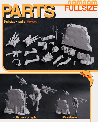 Parts view of Valrie figure, showing 17 modular pieces including wall elements and weapon components, highlighting detailed craftsmanship.