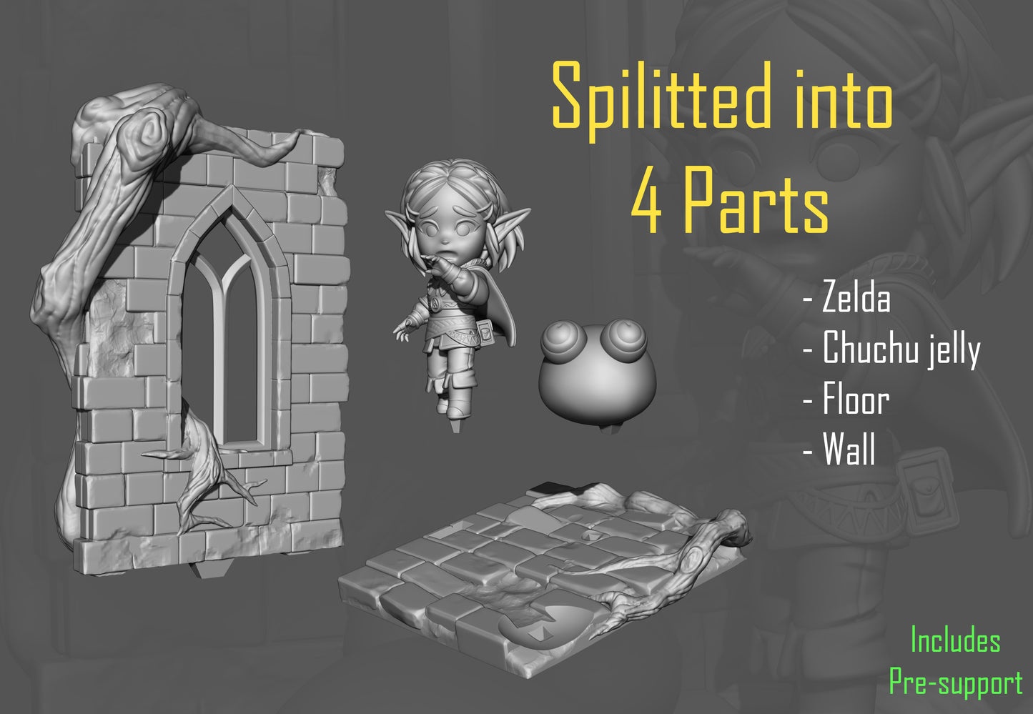 Exploded parts view of Zelda diorama showing wall, base, chuchu, and Zelda separately.