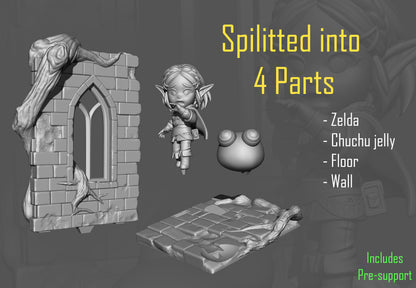 Exploded parts view of Zelda diorama showing wall, base, chuchu, and Zelda separately.