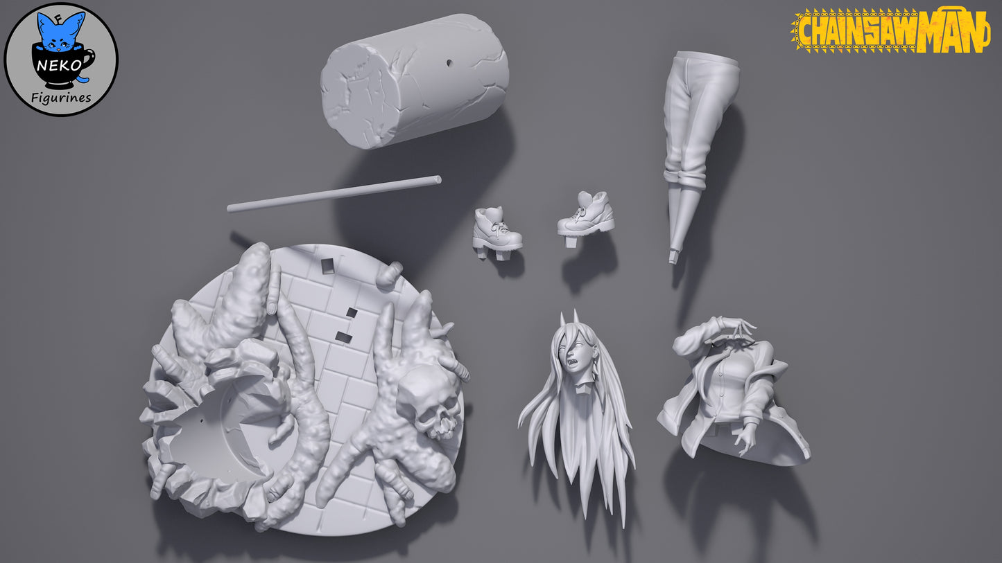 Disassembled resin kit of Power figure including torso, legs, head, base, and giant hammer