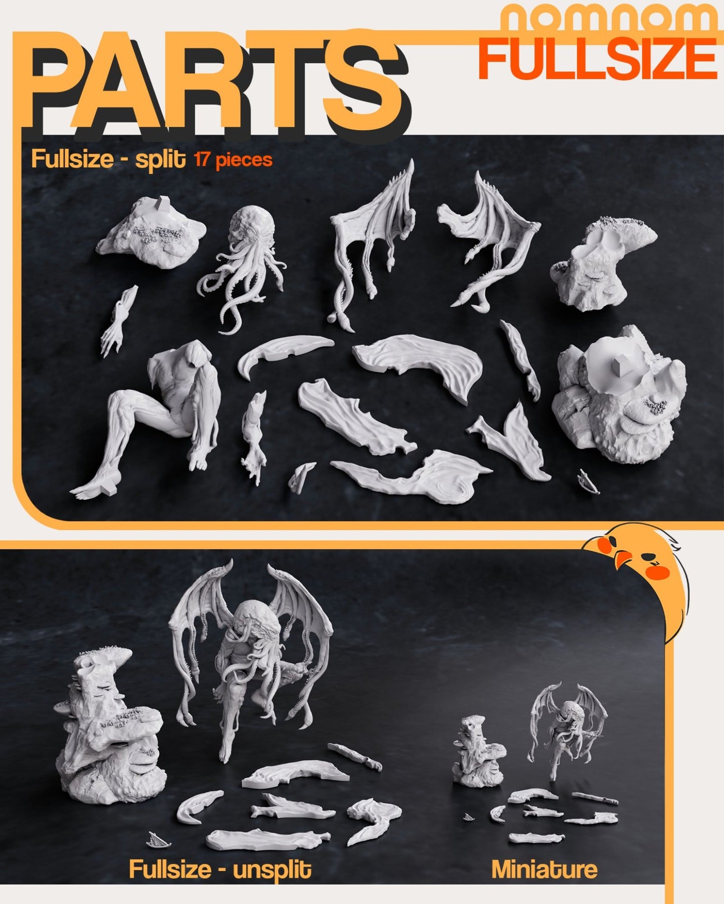 Disassembled parts of the Cthulhu figure showing its tentacles, wings, base, and body components for 75mm and 1:10 scale assembly.