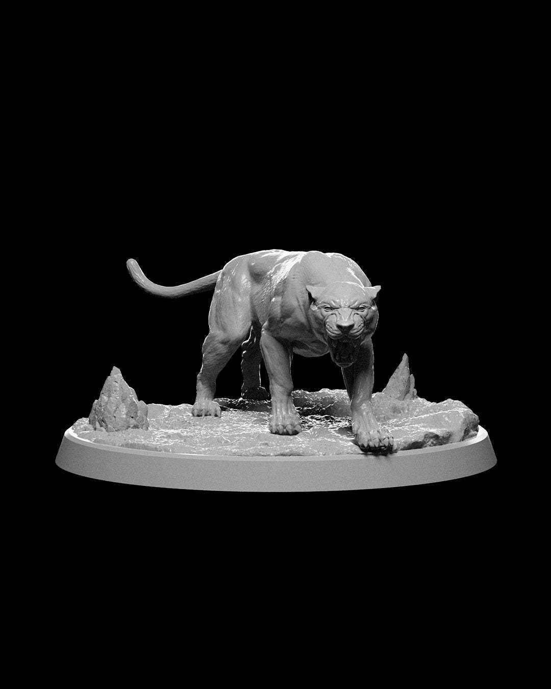 Paws miniature featuring a snarling panther poised in a hunting stance, muscles tensed, on a rocky terrain base.