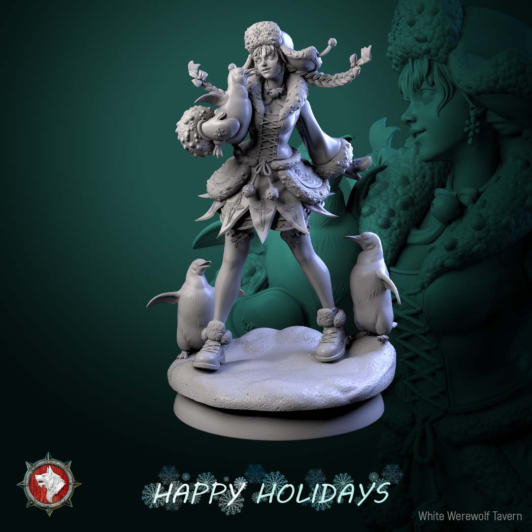 Penguin Princess fantasy winter NPC miniature full figure with penguin companions snowy base Bustling Bazaar