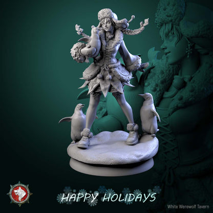 Penguin Princess fantasy winter NPC miniature full figure with penguin companions snowy base Bustling Bazaar