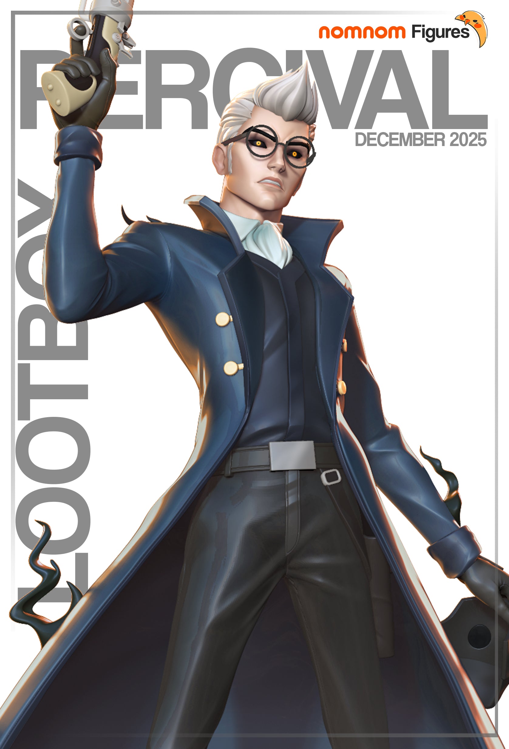 Percival De Rolo 1:10 scale figure front view holding custom gun raised, wearing long coat, glasses, and standing on cracked stone base with swirling smoke, Critical Role Vox Machina collectible