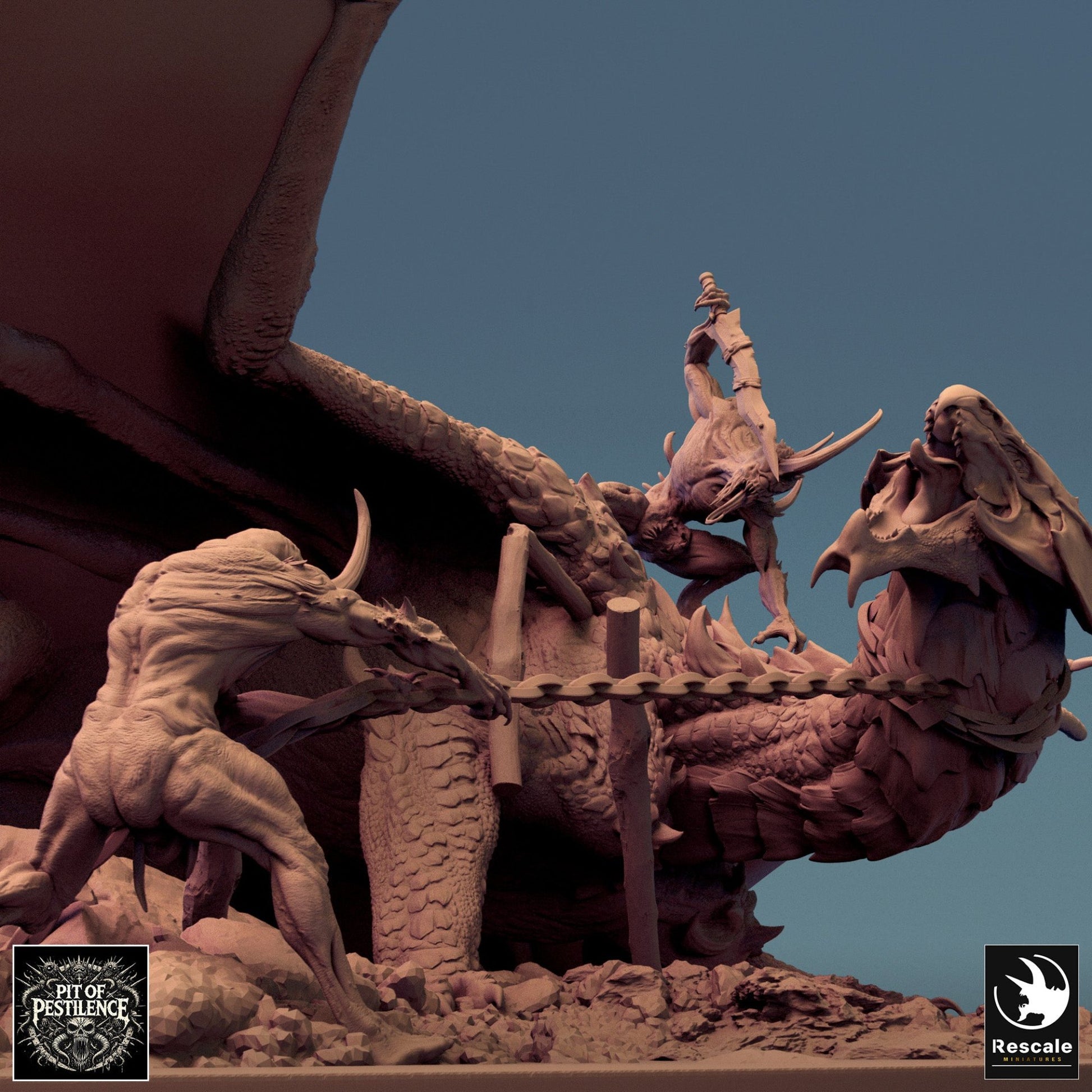 A dramatic battle diorama featuring a brass dragon chained and surrounded by enemies, with a warrior poised to strike atop its back. The scene is rich in detail, showcasing the tension and ferocity of combat.