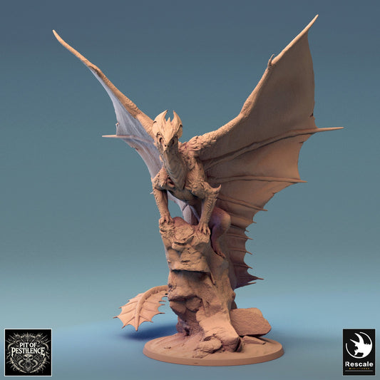 A majestic brass dragon with large, outstretched wings, perched on a rocky outcrop, gazing forward with a regal stance. The dragon's detailed scales and commanding presence make it an impressive figure.