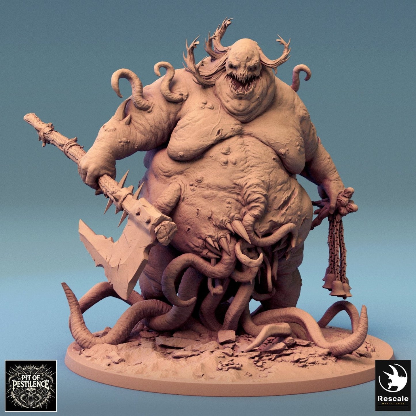 A massive, bloated demon covered in festering wounds and writhing tentacles, holding a spiked axe and a chain, with an ominous grin on its deformed face.