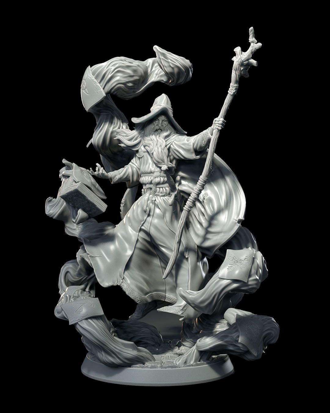 Phillip Celcious, a wizard miniature with a flowing beard, hat, and robe, holding a magical staff with one hand while conjuring books with the other, surrounded by swirling magical energy. Ideal for fantasy tabletop RPGs like Dungeons & Dragons and Pathfinder.