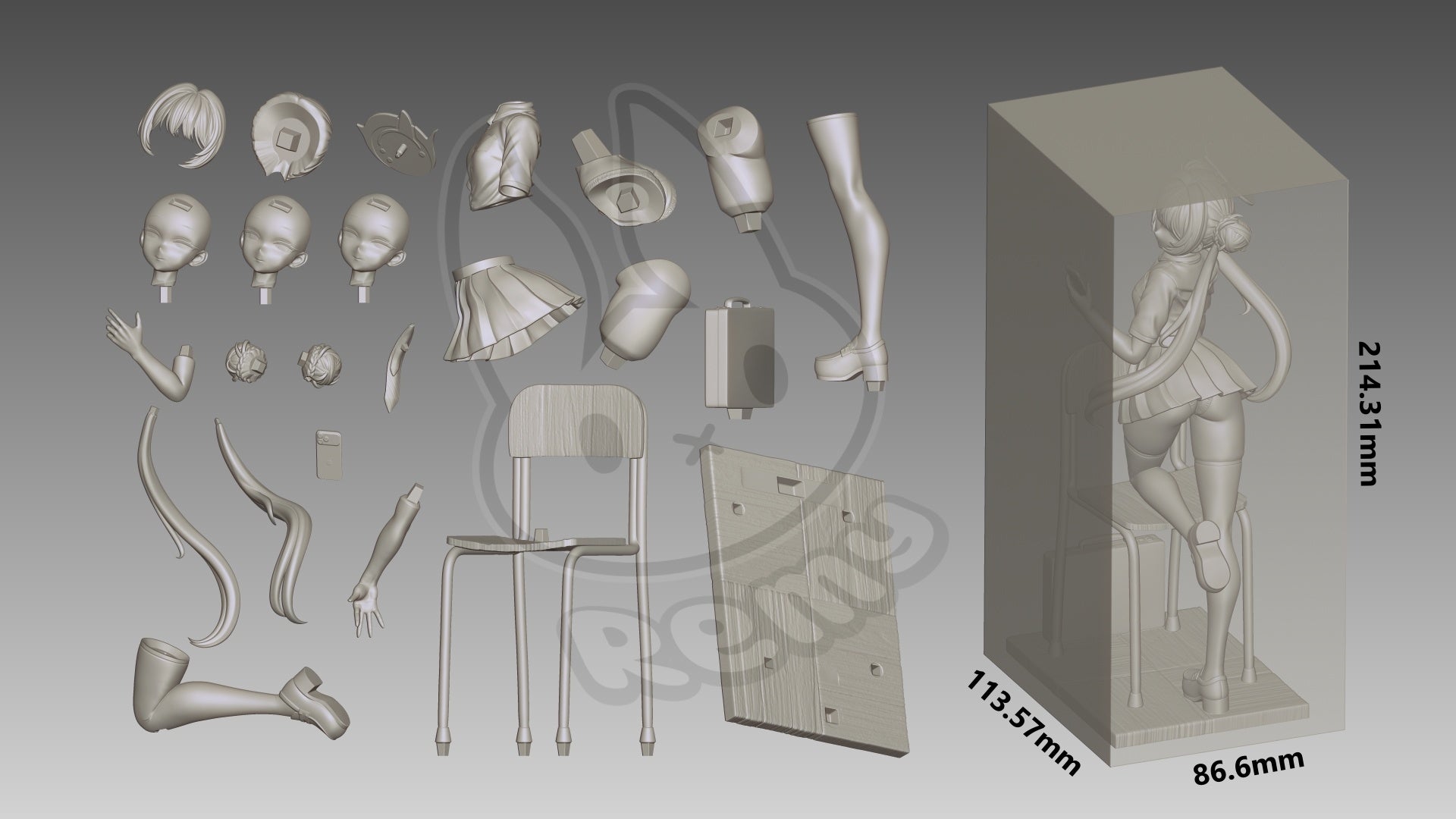 Ryuuge Kisaki Blue Archive figure parts layout showing interchangeable faces hair options arms legs school uniform pieces phone chair classroom floor base accessories 1 7 scale anime model kit
