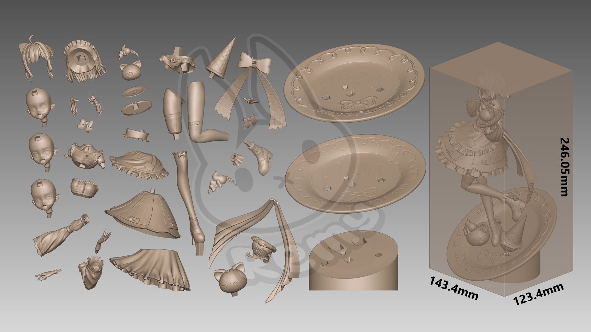 Mint Fantôme collectible figure parts breakdown showing head options hair maid outfit limbs dessert props and base components