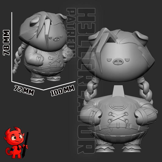 3D model render of Piginx showing dimensions at 78mm height, 72mm width, and 100mm depth with braided hair and outfit details.