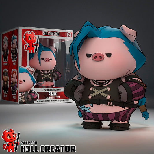 Piginx collectible figure boxed edition with character packaging showing pig parody of Jinx from Arcane and League of Legends.